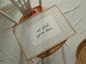 So Glad You're Here Print, Quote Wall Art, Hand Drawn Gingham Poster for Entryway Decor, Digital Download