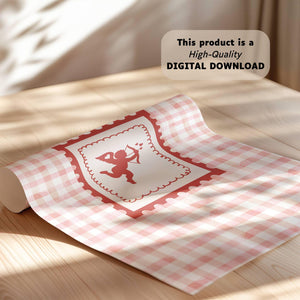 Cupid Stamp Print, Retro Valentine Wall Art, Gingham Poster for Valentines Decor, Digital Download