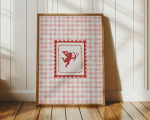 Cupid Stamp Print, Retro Valentine Wall Art, Gingham Poster for Valentines Decor, Digital Download