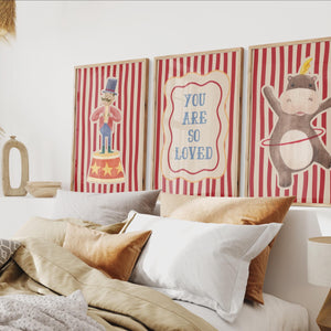 Circus Nursery Set of 3 Prints, Watercolor Kids Wall Art, You Are So Loved Poster for Vintage Nursery Decor, Digital Download
