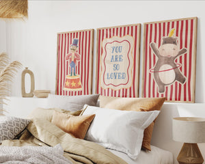 Circus Nursery Set of 3 Prints, Watercolor Kids Wall Art, You Are So Loved Poster for Vintage Nursery Decor, Digital Download