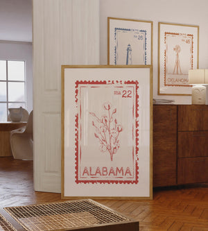 Alabama State Stamp Print, Retro Travel Wall Art, Cotton Poster for Office Decor, Digital Download
