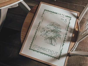 Connecticut State Stamp Print, Retro Travel Wall Art, Oak Tree Poster for Office Decor, Digital Download