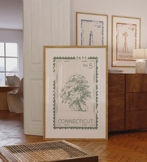 Connecticut State Stamp Print, Retro Travel Wall Art, Oak Tree Poster for Office Decor, Digital Download