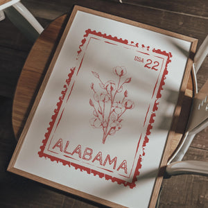 Alabama State Stamp Print, Retro Travel Wall Art, Cotton Poster for Office Decor, Digital Download