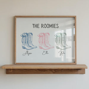 custom dorm print, the roomies, cowgirl boots with coquette bows and personalized names