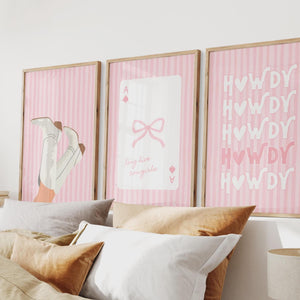 preppy cowgirl set of 3 prints in pink with cowgirl boots, ace playing card with bow and long live cowgirls quote, and howdy print with light pink stripe background