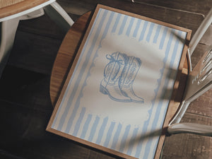 Coquette Cowgirl Boots Print, Preppy Western Wall Art for Blue Dorm Decor, Digital Download