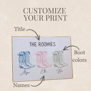 Personalized Roommate Cowgirl Boot Print for Custom College Dorm Decor (Unframed)