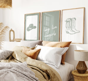 Long live cowgirls set of 3 sage green western wall art
