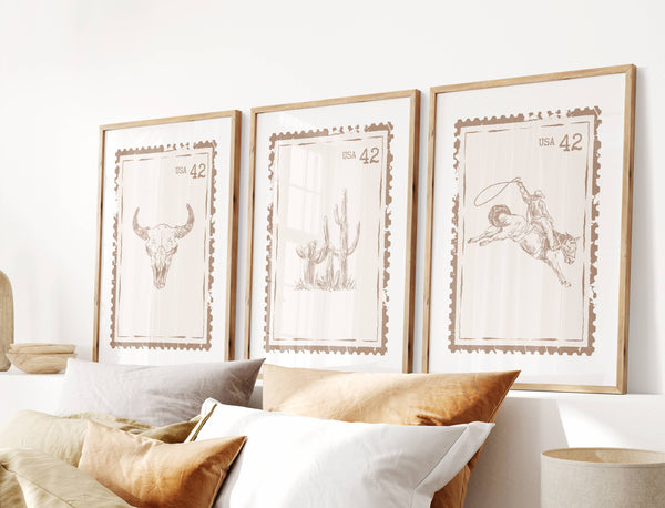 set of 3 neutral beige and white western stamp with bull skull, cactus and bucking bronco
