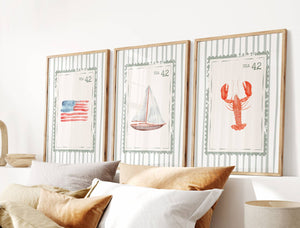 sage green coastal wall art retro stamp set of 3 prints