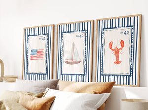 navy coastal wall art retro stamp set of 3 prints
