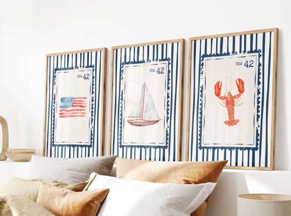 navy coastal wall art retro stamp set of 3 prints