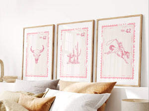 set of 3 pink and white western stamp with bull skull, cactus and bucking bronco