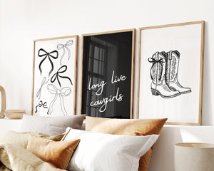 set of 3 black and white western wall art, long live cowgirls quote, coquette bows, cowgirl boots with bow