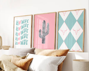 set of 3 disco cowgirl wall art in pink and turquoise