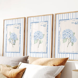 set of 3 blue hydrangea stamp prints with light blue stripes