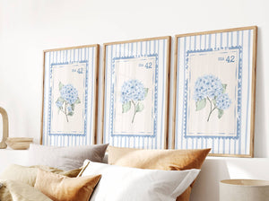 set of 3 blue hydrangea stamp prints with light blue stripes