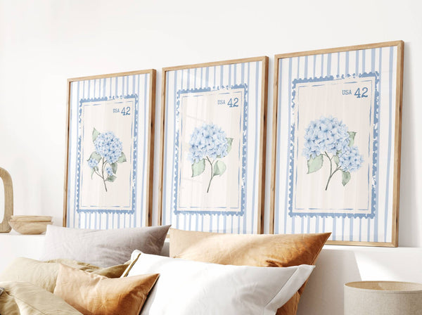 set of 3 blue hydrangea stamp prints with light blue stripes