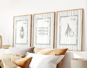 set of 3 fisherman aesthetic wall art in sage green, vintage stamps with nautical stripes, sardines, lantern, fishing fly
