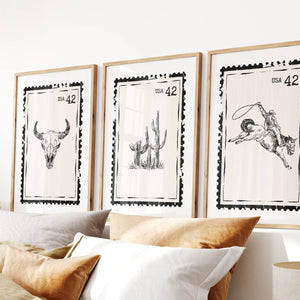 set of 3 black and white western stamp with bull skull, cactus and bucking bronco