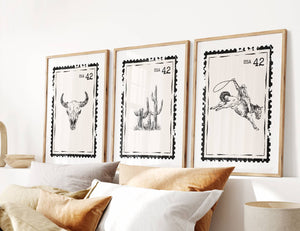 set of 3 black and white western stamp with bull skull, cactus and bucking bronco