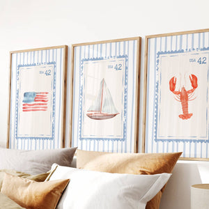 set of 3 blue coastal stamp prints with watercolor american flag, sailboat and lobster