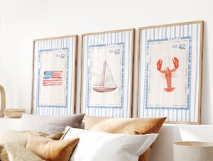 set of 3 blue coastal stamp prints with watercolor american flag, sailboat and lobster