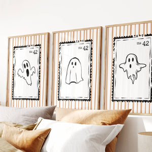 set of 3 ghost wall art retro stamp prints with vintage orange stripes