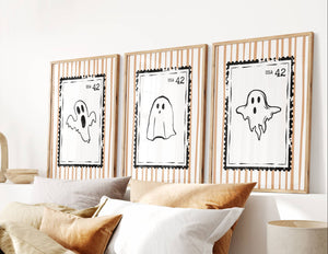set of 3 ghost wall art retro stamp prints with vintage orange stripes