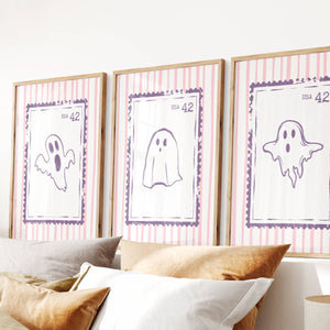 set of 3 cute ghost stamp prints in pastel pink and purple for pinkoween or pastel halloween decor