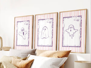 set of 3 cute ghost stamp prints in pastel pink and purple for pinkoween or pastel halloween decor