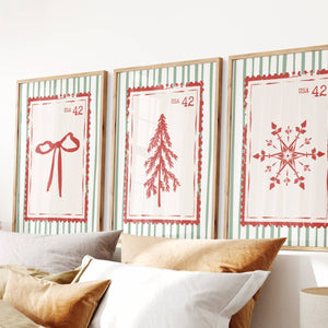 Set of 3 Christmas postal stamp prints in red and green with retro stripe, coquette bow, christmas tree, snowflake