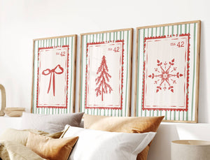 Set of 3 Christmas postal stamp prints in red and green with retro stripe, coquette bow, christmas tree, snowflake